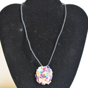 VTG 70's Rainbow Flower Power (Acylic) 15" Black Suede Cord Hippie Necklace